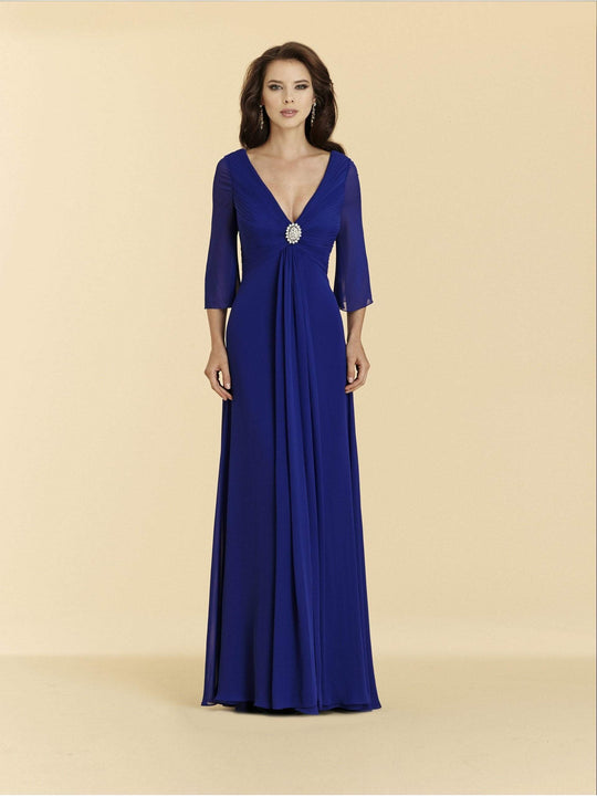 Rina di Montella - RD2028-1 Quarter Angel Sleeve Brooch Accented Gown In Blue