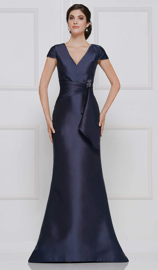 Rina Di Montella - RD2630 Ruched V-Neck Sheath Evening Dress In Blue
