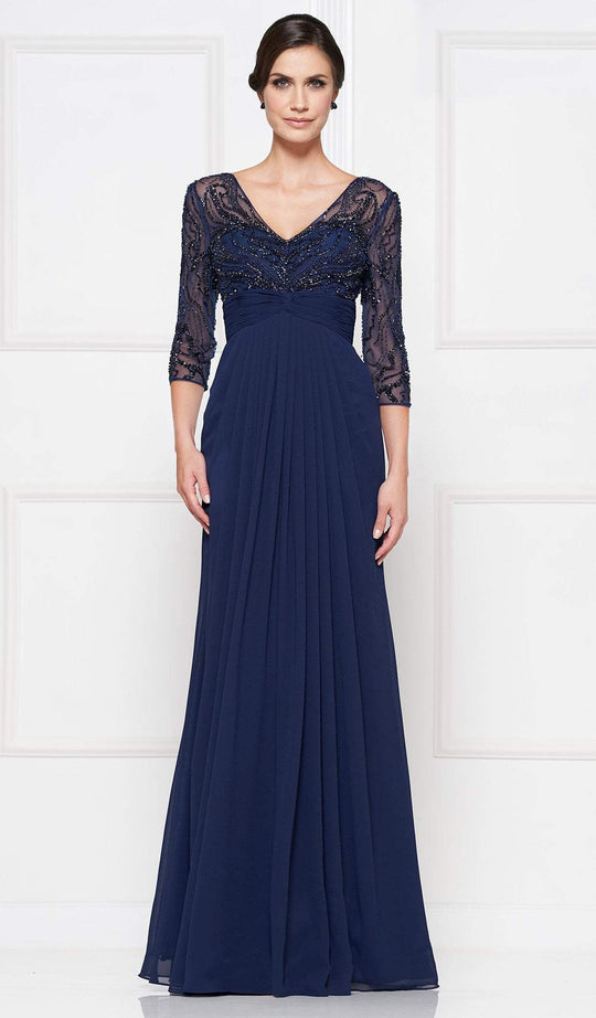 Rina Di Montella - RD2638 Embellished V-neck Pleated A-line Dress In Blue