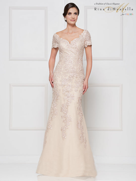 Rina Di Montella - RD2639 Short Sleeve Lace Appliqued Trumpet Gown In Neutral