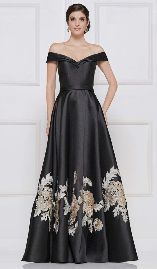 Rina Di Montella - RD2640 Embroidered Off-Shoulder Mikado Ballgown In Black and Multi-Color
