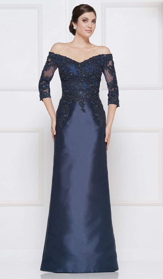 Rina Di Montella - RD2642 Beaded Appliqued Off-Shoulder Dress In Blue