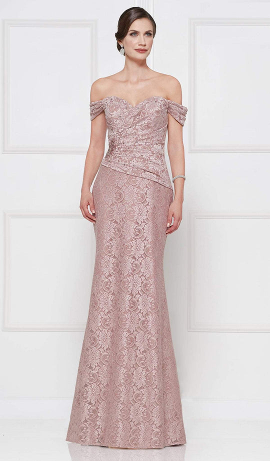 Rina Di Montella - RD2650 Lace Off-Shoulder Trumpet Dress With Shawl In Pink