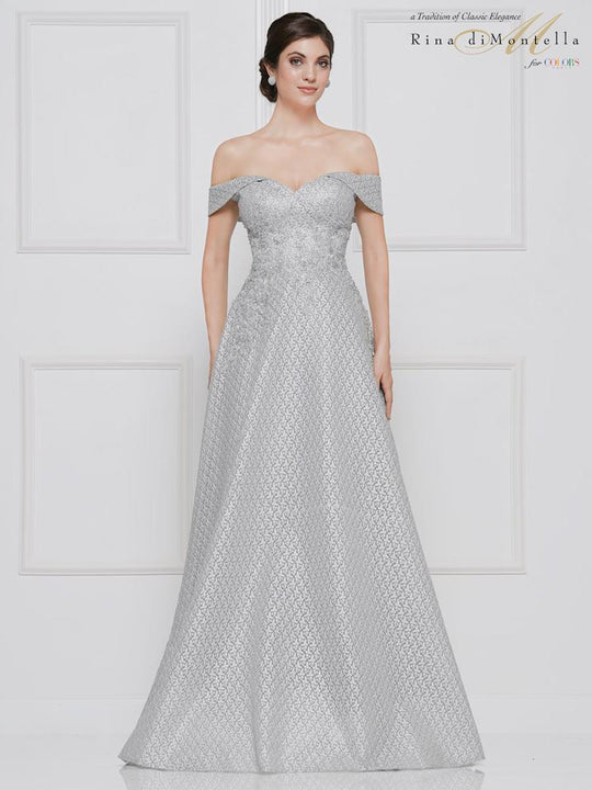 Rina Di Montella - RD2660 Off-shoulder Jacquard A-line Gown In Silver