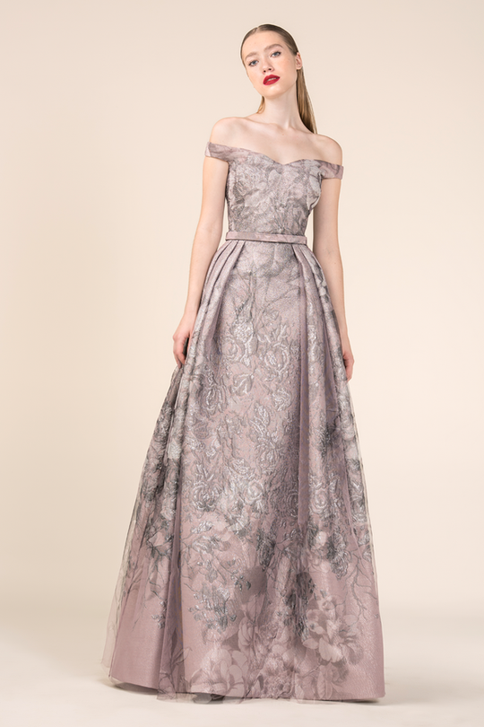 Saiid Kobeisy - 3555 Off Shoulder Floral Brocade Gown In Floral and Pink