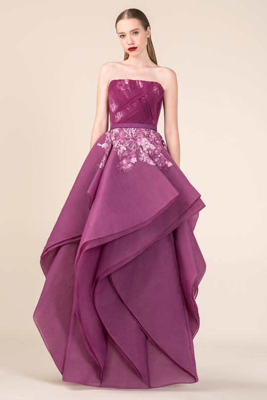 Saiid Kobeisy - 3564 Lace Strapless Ruffled A-Line Evening Gown In Purple