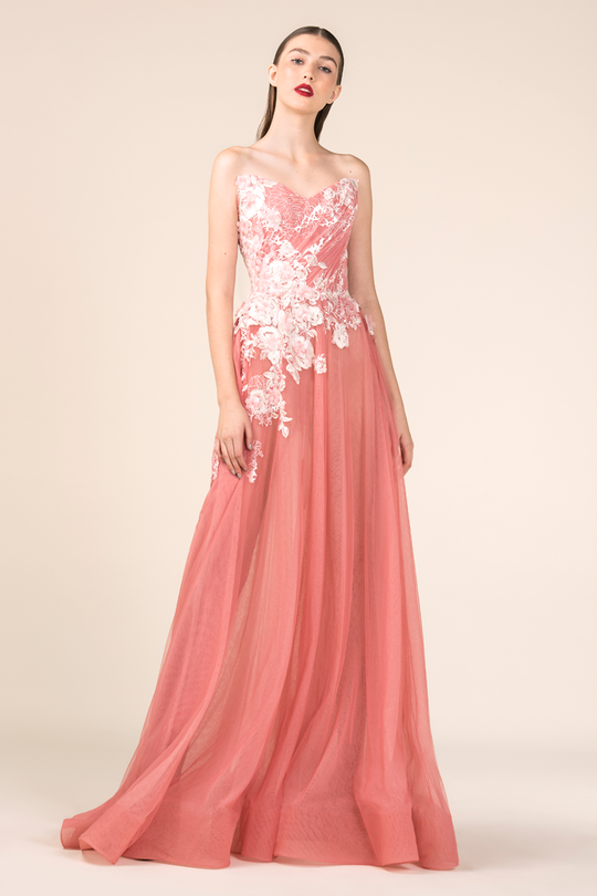 Saiid Kobeisy - 3592 Strapless V-neck Brocade A-line Gown In Pink