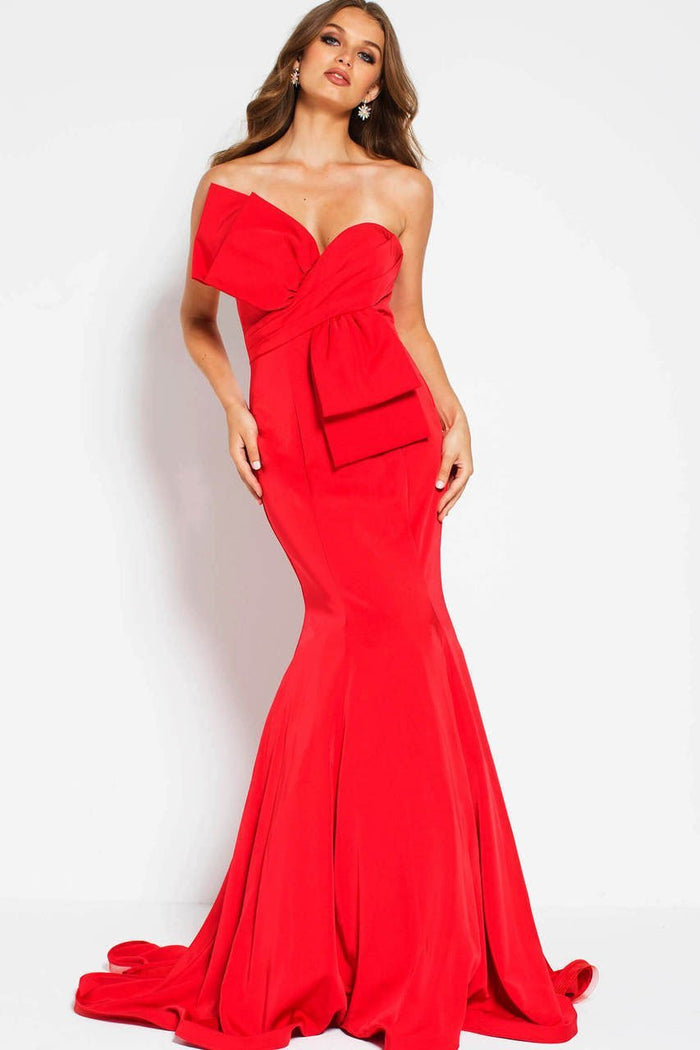 55487 Oversized Bow Appliqued Strapless Long Gown