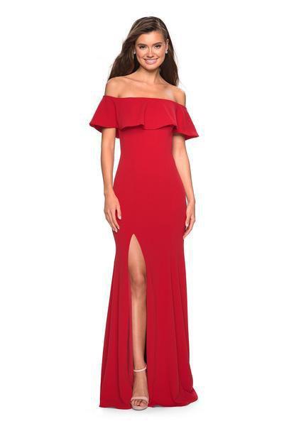 La Femme - 27096 Ruffled Off-Shoulder Jersey Trumpet Dress In Red