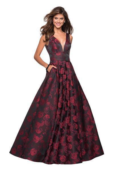 La Femme - 27298 Two Tone Deep V-neck Jacquard Ballgown In Red and Black