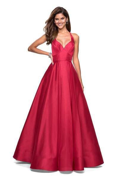 La Femme - 27504 Plunging Halter V-neck Mikado A-line Dress In Yellow