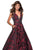 La Femme - 27298 Two Tone Deep V-neck Jacquard Ballgown In Red and Black