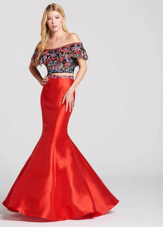Ellie Wilde - EW118025 Festive Embroidered Off Shoulder Two-Piece Gown In Red and Multi-Color