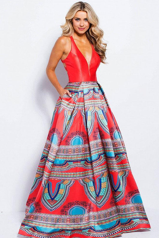 JVN58590 Deep V-neck Printed Ballgown