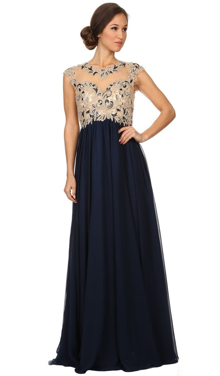 Cap Sleeve Illusion Beaded Lace A-Line Evening Gown