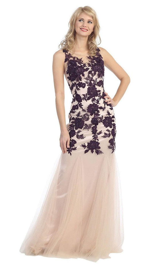 Illusion Bateau Floral Embroidered Trumpet Dress