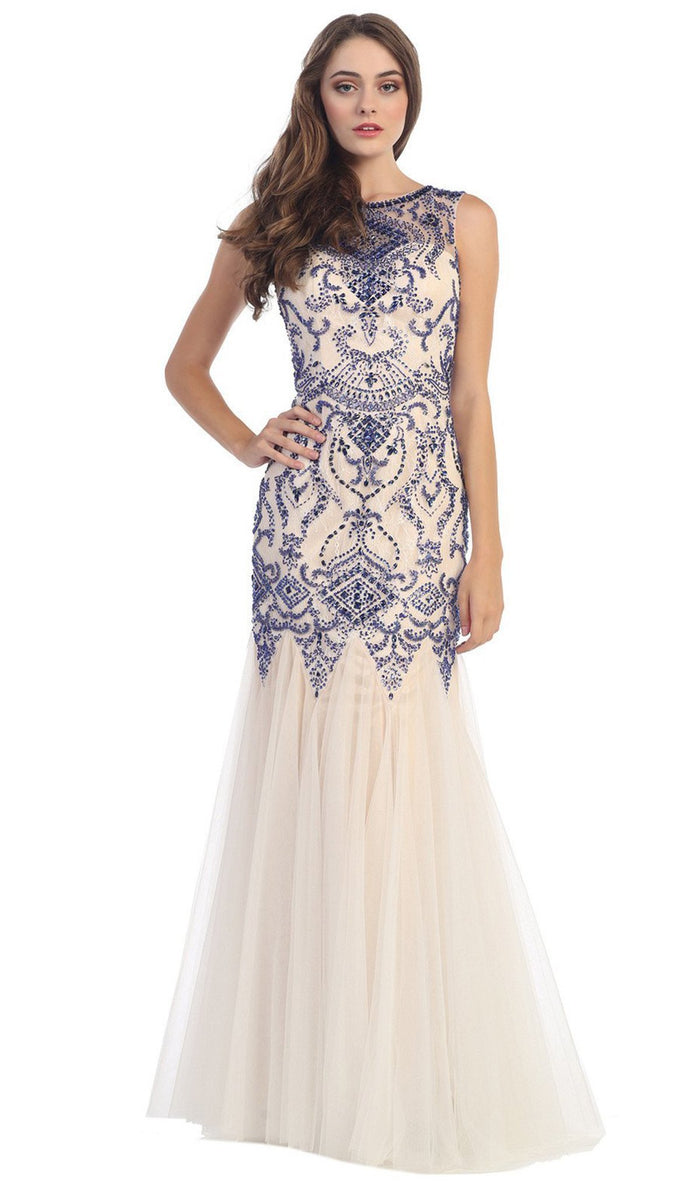 Bateau Neck Embellished Mermaid Evening Gown