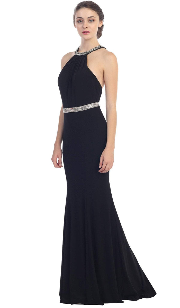 Jeweled Halter Jersey Sheath Evening Dress
