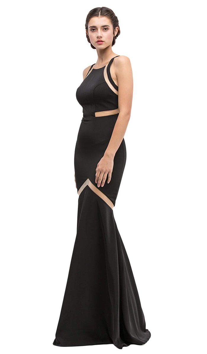 Sheer Panels Halter Satin Trumpet Dress