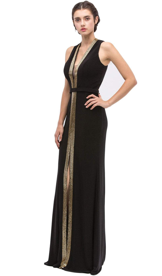 Plunging Gold Beading Fitted Evening Dress