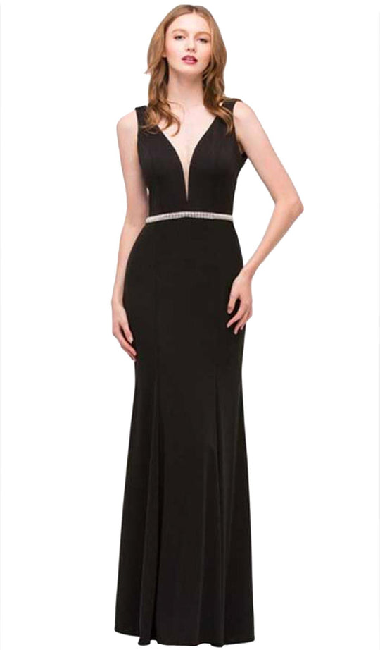 Eureka Fashion - Beaded Plunging V-neck Jersey Evening Dress