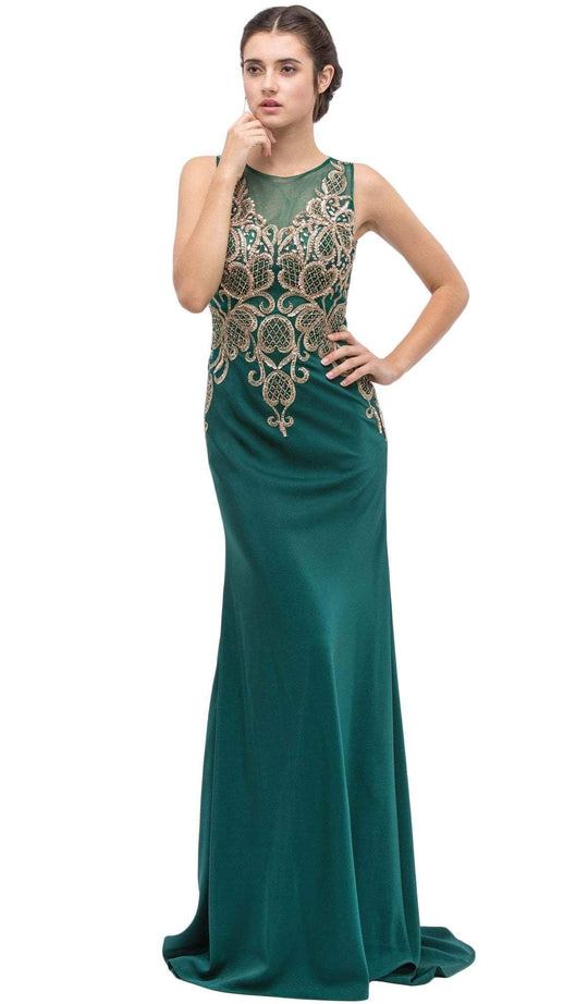 Sleeveless Embroidered Gilt Lace Trumpet Evening Gown