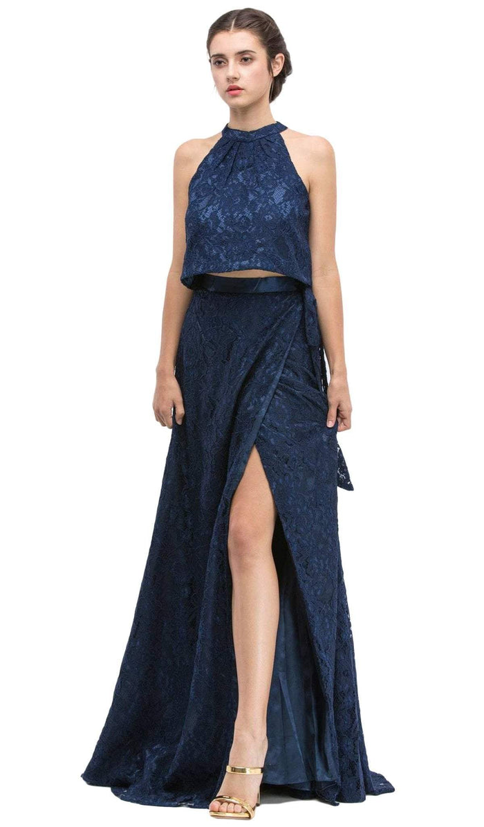 Sleeveless Lace Halter Evening Dress with Slit