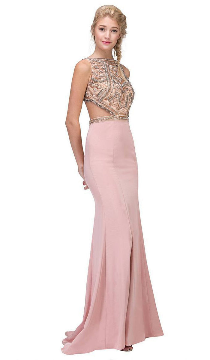 Beaded Bateau Neck Stretch Satin Evening Gown