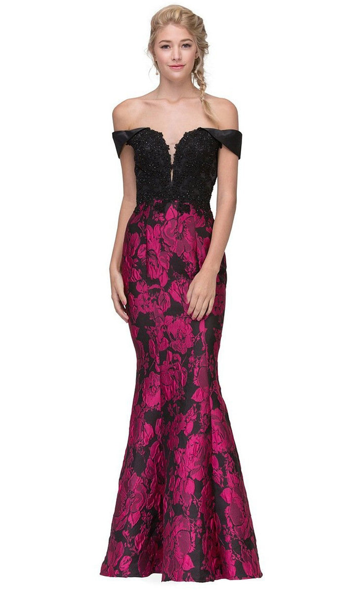 Lace Off-Shoulder Floral Print Mermaid Dress