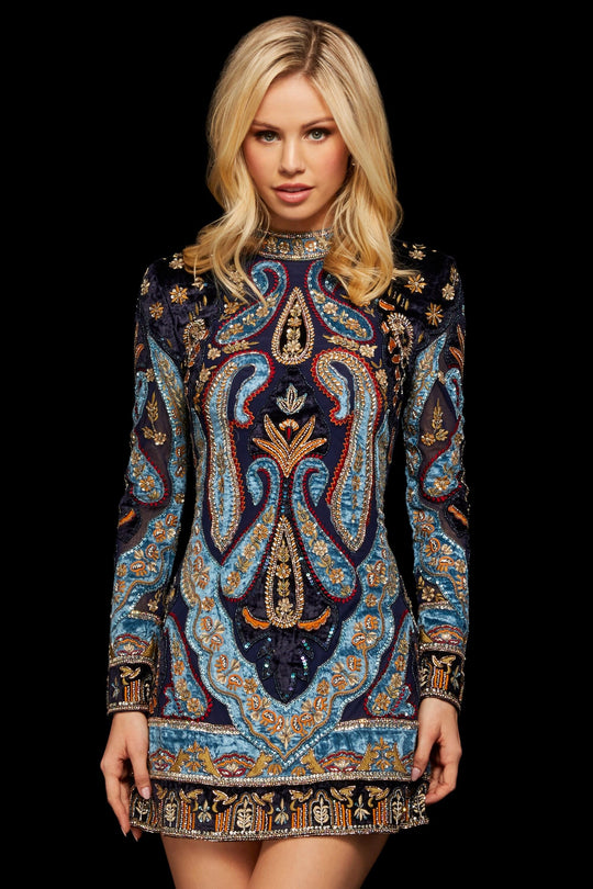 Sherri Hill - 53046 Embroidered Long Sleeve Short Sheath Dress In Blue and Multi-Color