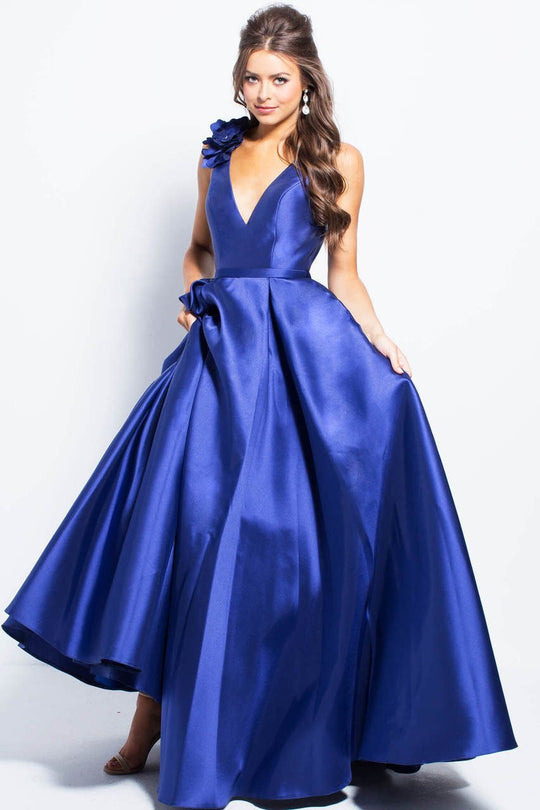 JVN58962 Floral Appliqued Plunging Mikado Ballgown