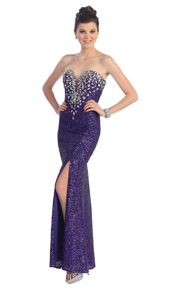 Strapless Plunging Neck Embellished Evening Dress