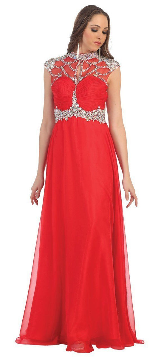 Embellished High Neck with Ruched Bodice A-line Evening Dress