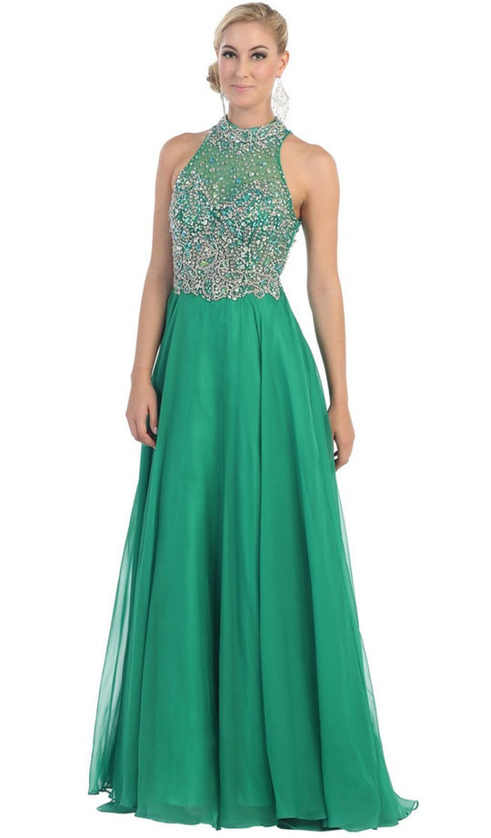 May Queen - High Neck Beaded Shirred Long A-line Evening Dress