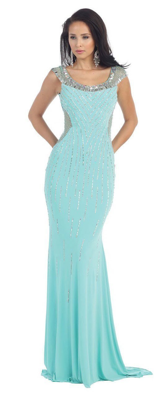 May Queen - RQ7240  Adorned Bateau Shirred Mermaid Long Dress in Green