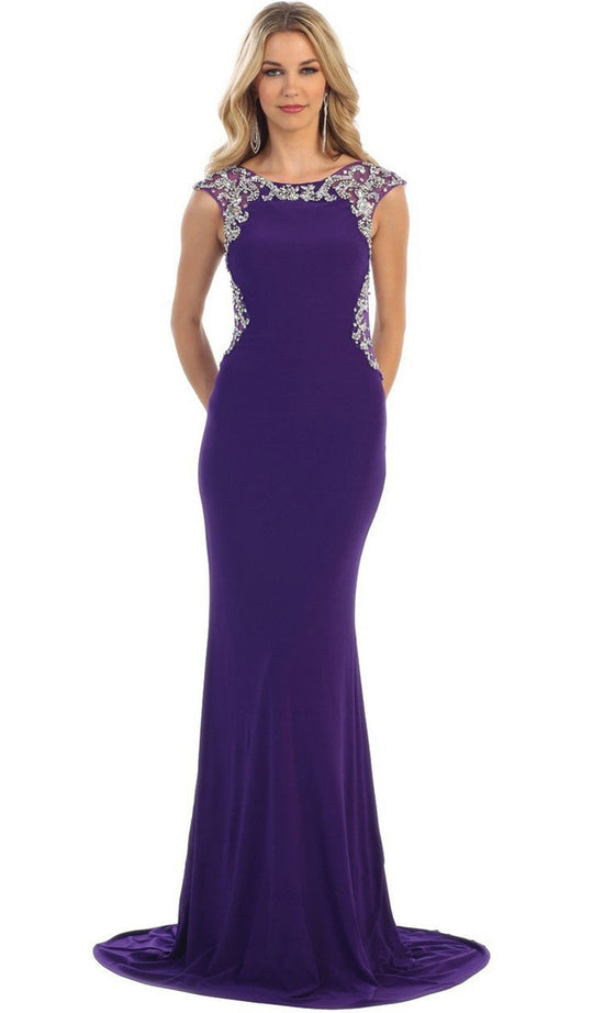 May Queen - Jeweled Bateau Trumpet Evening Dress