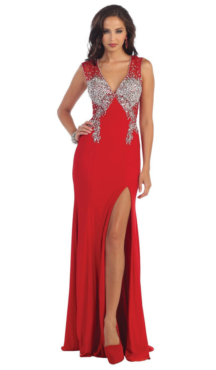 Deep V-Neck Bejeweled Fitted Evening Gown