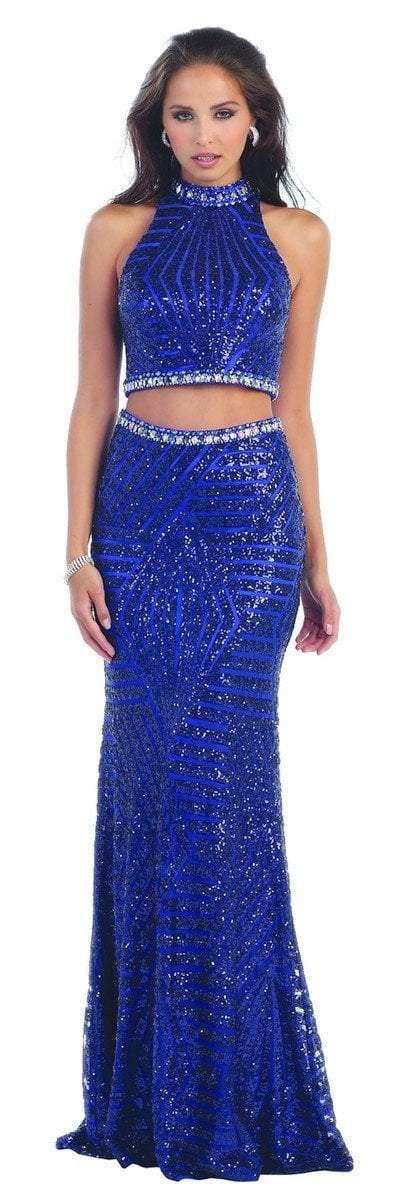May Queen - RQ7338 Halter Fully Sequined Top & Long Skirt in Blue