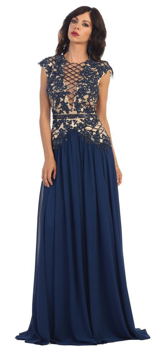 May Queen - Plunging Illusion Lattice Gown in Blue
