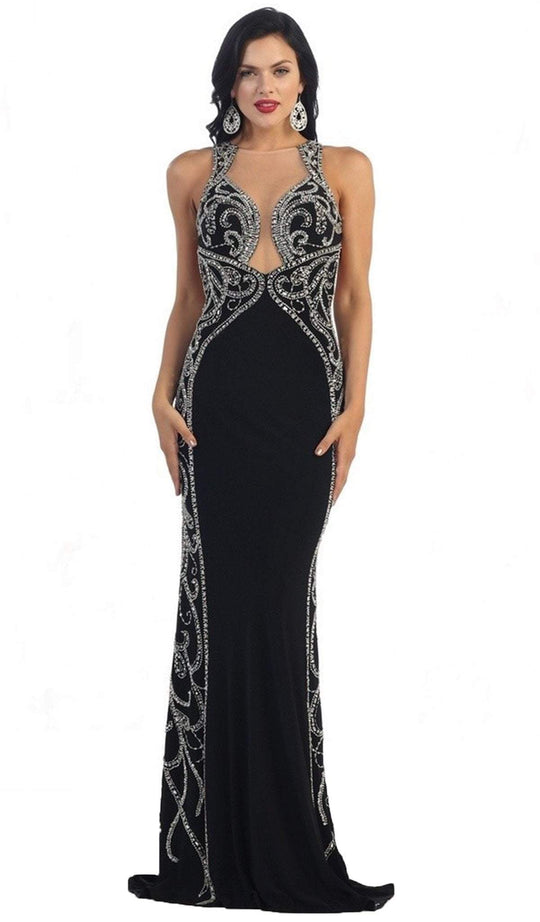 May Queen - RQ7405 Sparkling Sleeveless Open Back Mermaid Evening Dress in Black