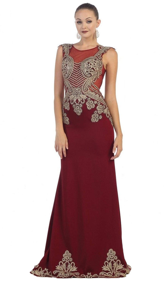 Gold Embellished Sheer Jewel Sheath Evening Dress