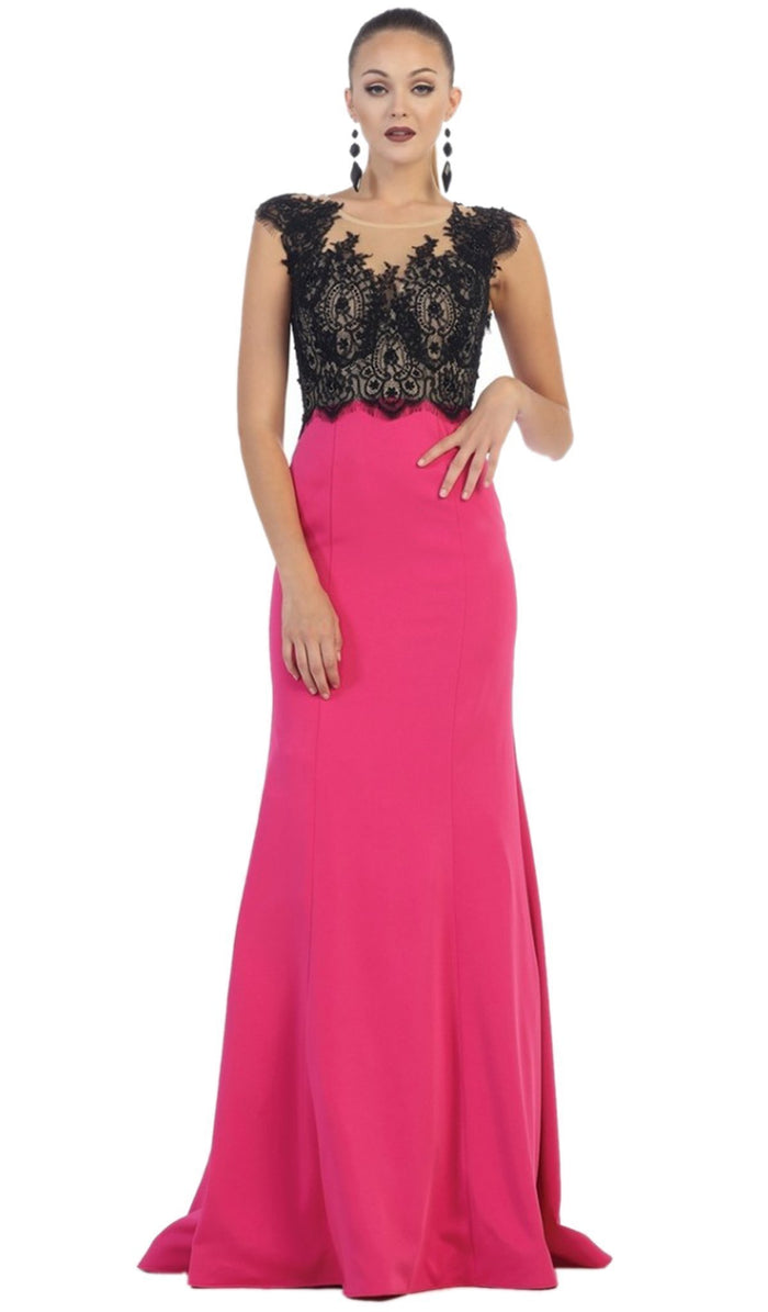 Lace Applique Bodice Illusion Neck Evening Dress