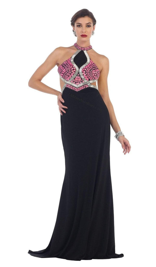 May Queen - RQ7462 Halter Beaded Low Back Evening Dress in Black and Pink