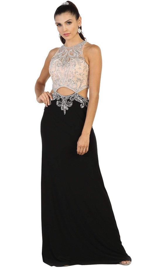 May Queen - Bejeweled Illusion Halter Evening Dress