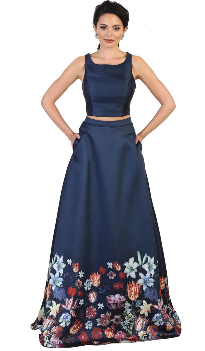 Two Piece Floral Print Evening Dress
