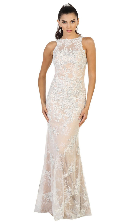 Sleeveless Lace Illusion Evening Dress