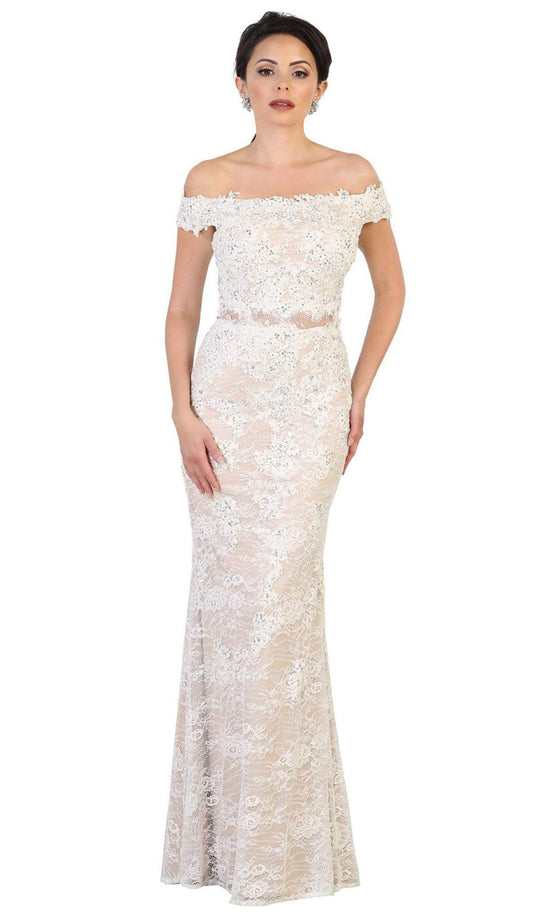 May Queen - Beaded Lace Appliqued Off-Shoulder Evening Gown