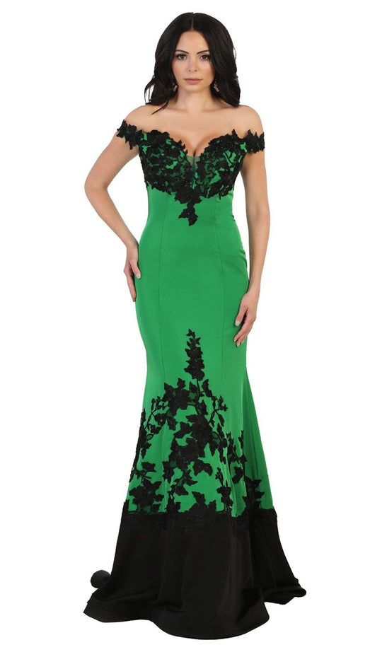 May Queen - RQ7499 Two Toned Off Shoulder Mermaid Gown In Green And Black