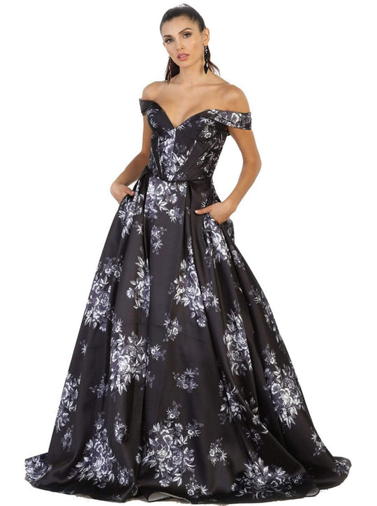 Off-Shoulder Floral Print Evening Gown