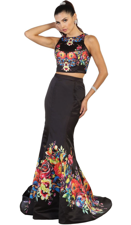 Two Piece Floral Print Evening Gown